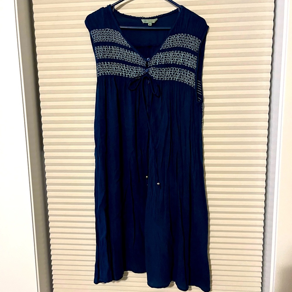 Sweet 2X Summer Dress by Anandas. Navy Blue with light blue stretch embroidery.